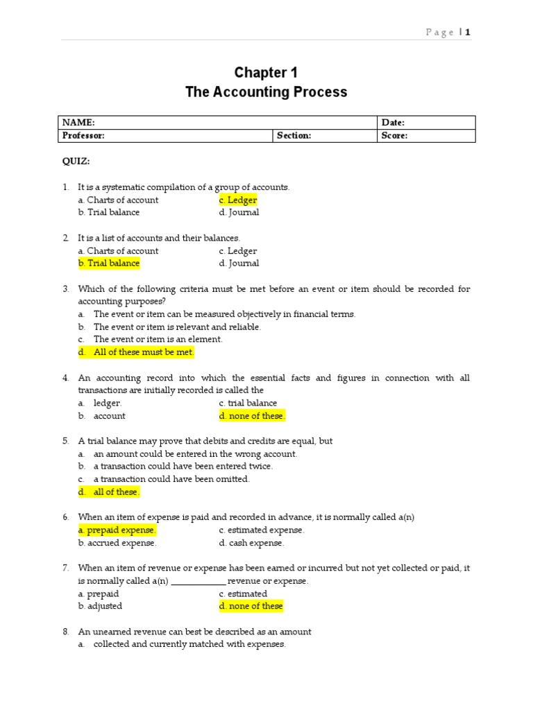 Chapter 1 Accounting Quiz | PDF | Debits And Credits | Bookkeeping