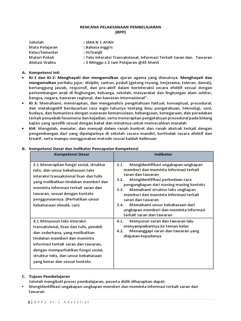 Rpp Kd 3 1 Bahasa Inggris Xi Sma Ppgj 4 Adekkeliat