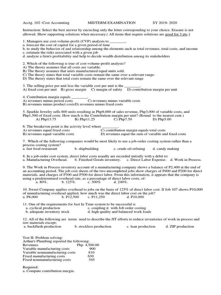 Cost Accounting Midterm Exam 2019-2020 | PDF | Business | Business