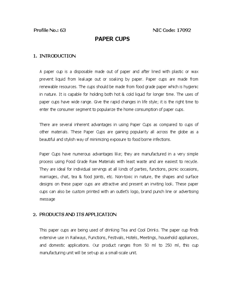 Paper Cups: Profile No.: 63 NIC Code: 17092 | PDF | Paper | Marketing