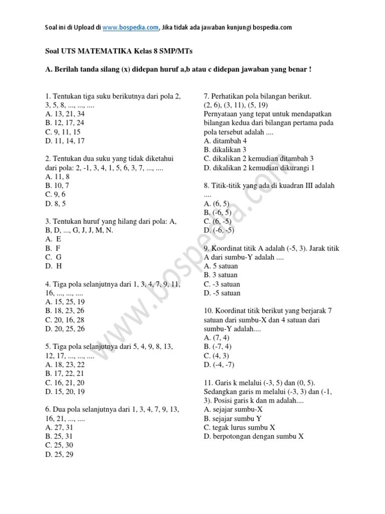 25 Contoh Soal Uts Matematika Kelas 8 Smp Mts Dan Kunci