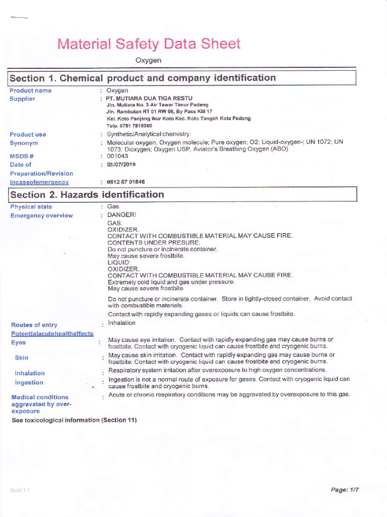 Oxygen MSDS: Safety and Handling Guide | PDF | Oxygen | Combustion