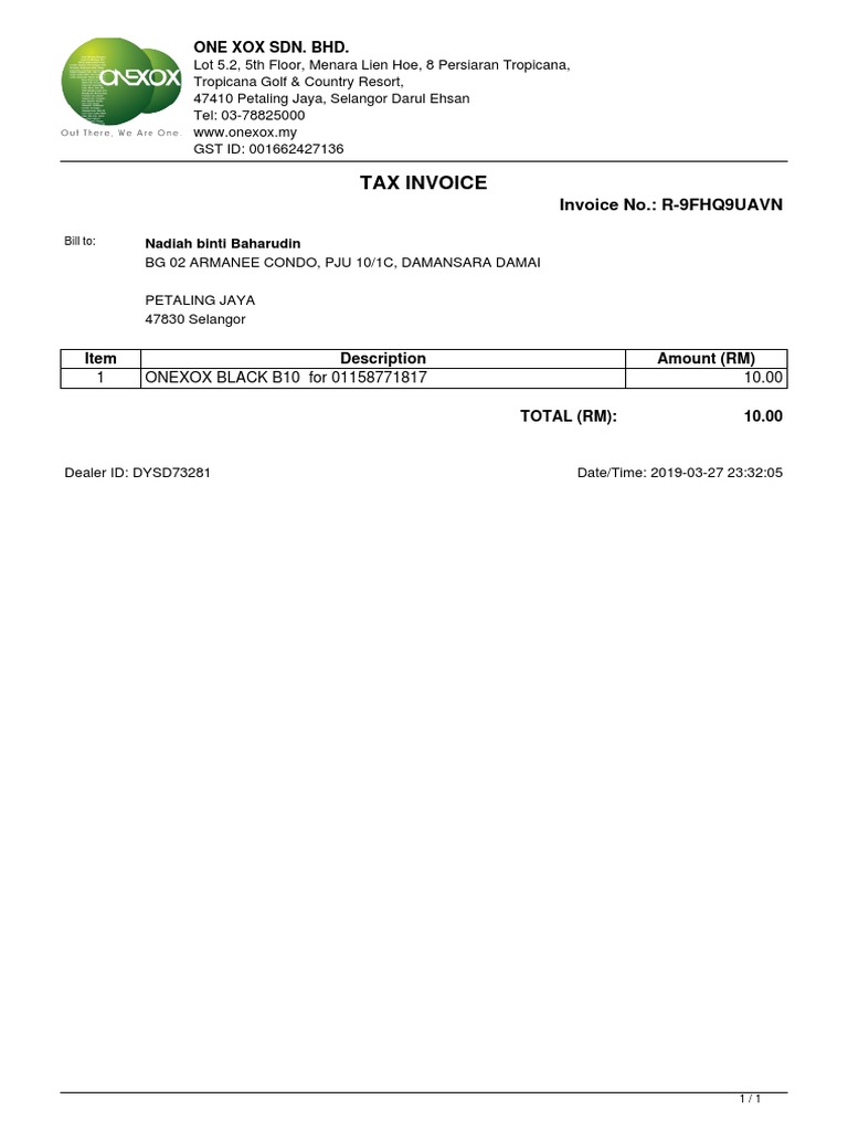 ONEXOX Tax Invoice for Nadiah Baharudin | PDF