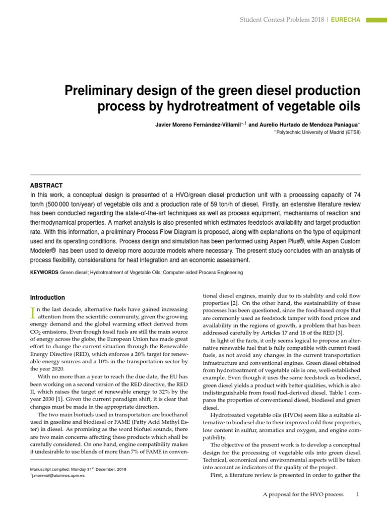 Preliminary Design of The Green Diesel Production Process by
