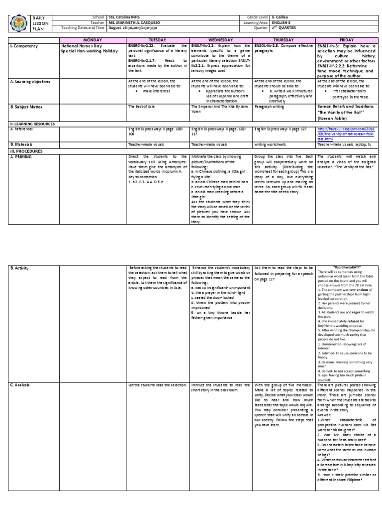 Daily Lesson Plan: A. Learning Objectives | PDF | Reading Comprehension ...