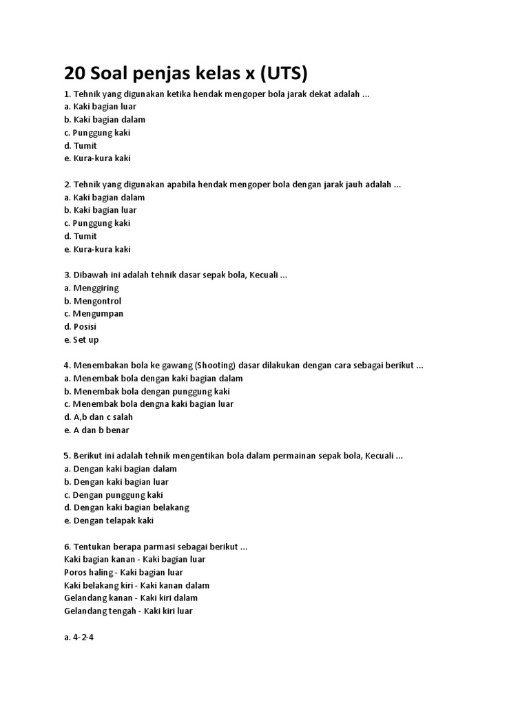 20 Soal Penjas Kelas X Uts