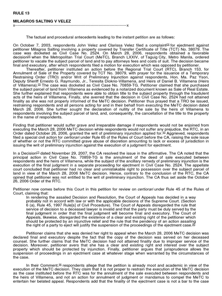 Rule 13 Milagros Salting V Velez PDF Service Of Process Lawsuit