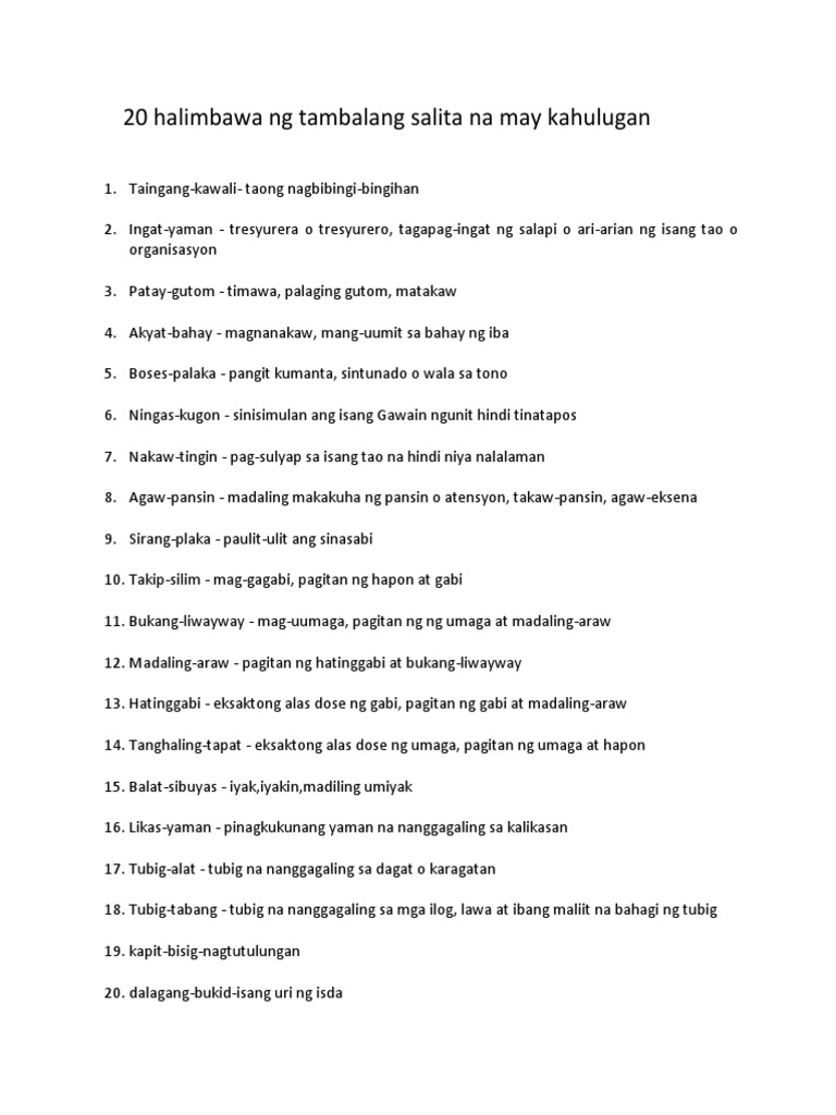 Tambalang Salita Na May Kahulugan Pdf