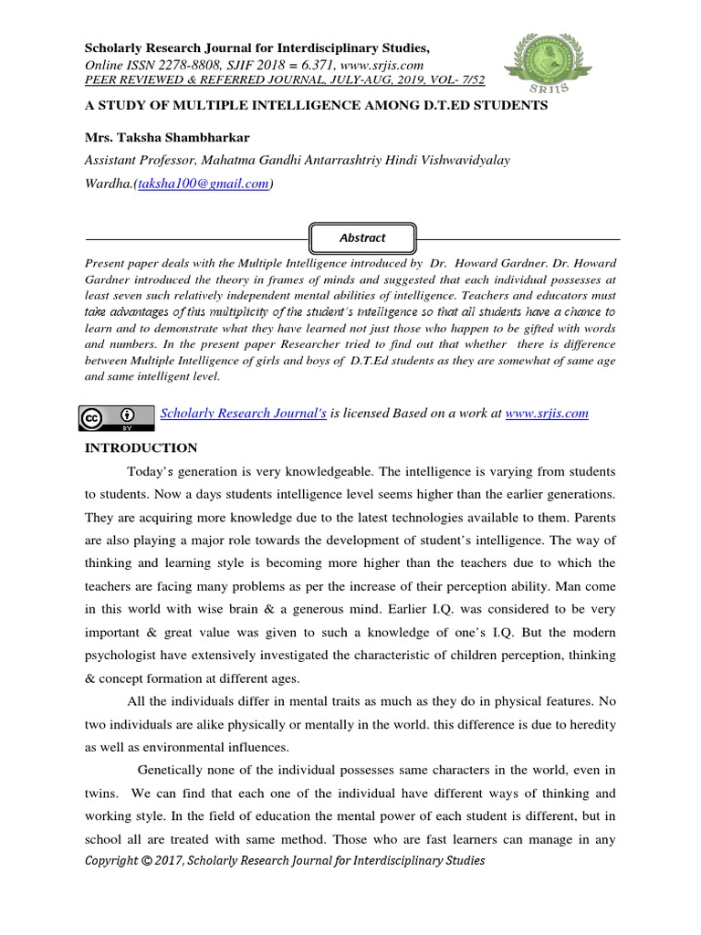 A Study of Multiple Intelligence Among D.t.ed Students | PDF | Standard ...