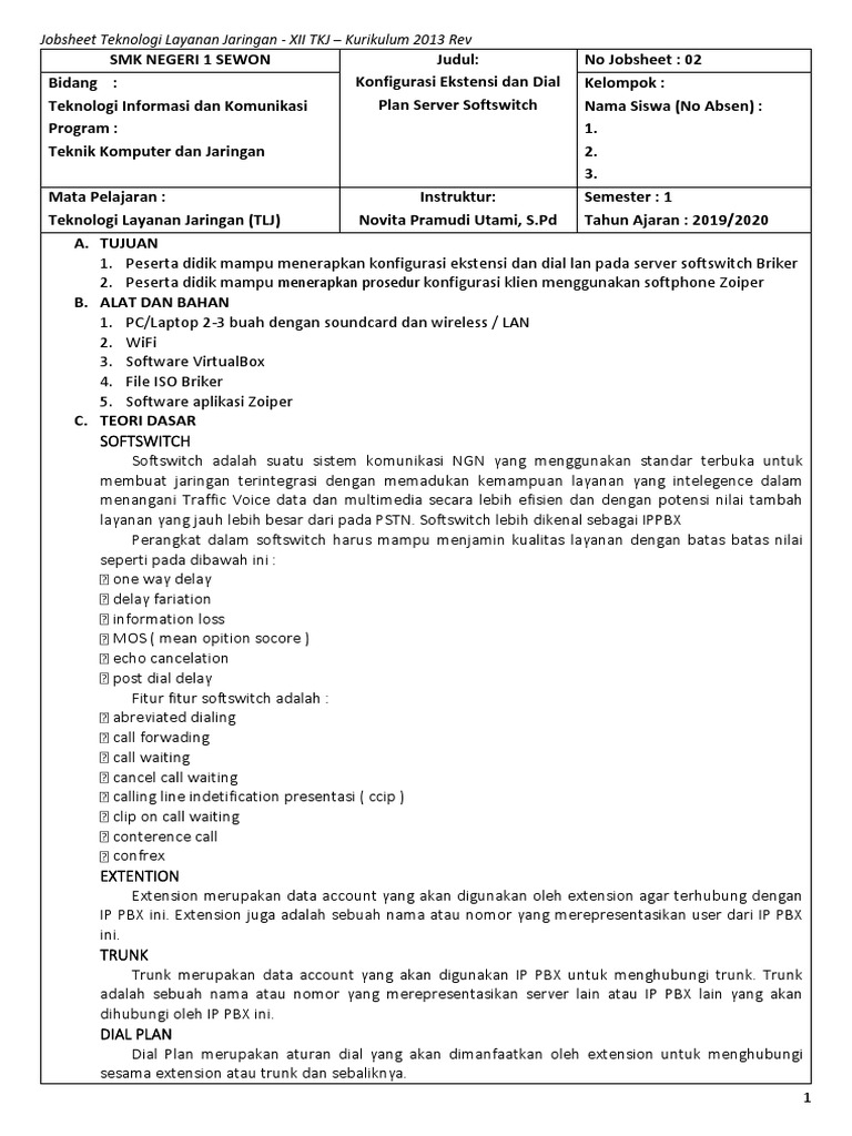Jobsheet 2 Tlj Xii Tkj Ekstensi Dan Dial Plan Softswitch Ok