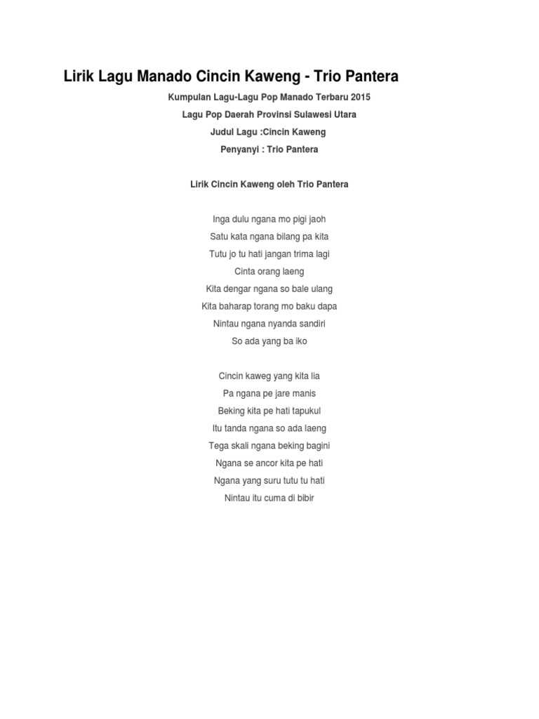 Lirik Lagu Manado Cincin Kaweng