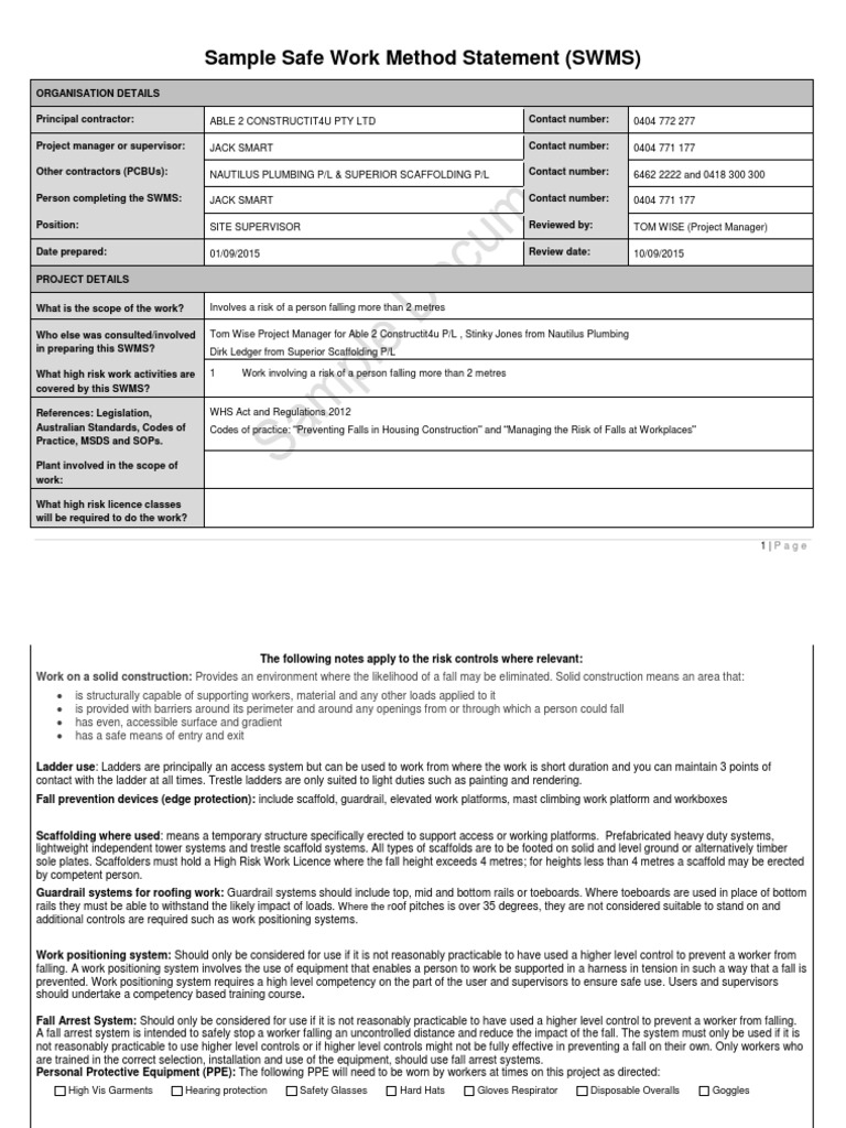 Safe Work Method Statement for Falls | PDF | Scaffolding | Personal ...