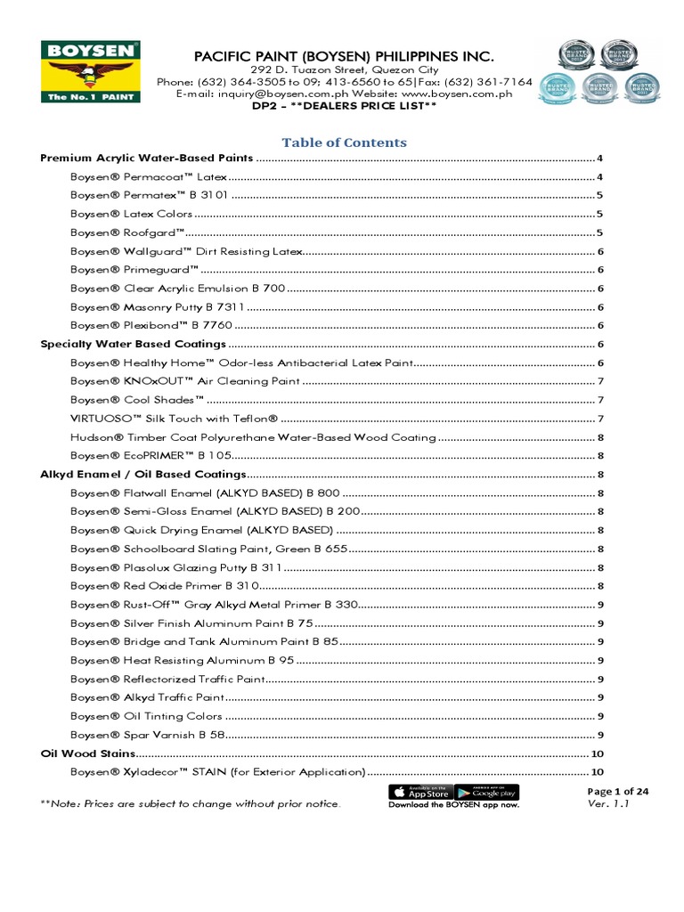 Boysen Pricelist Varnish Acrylic Paint