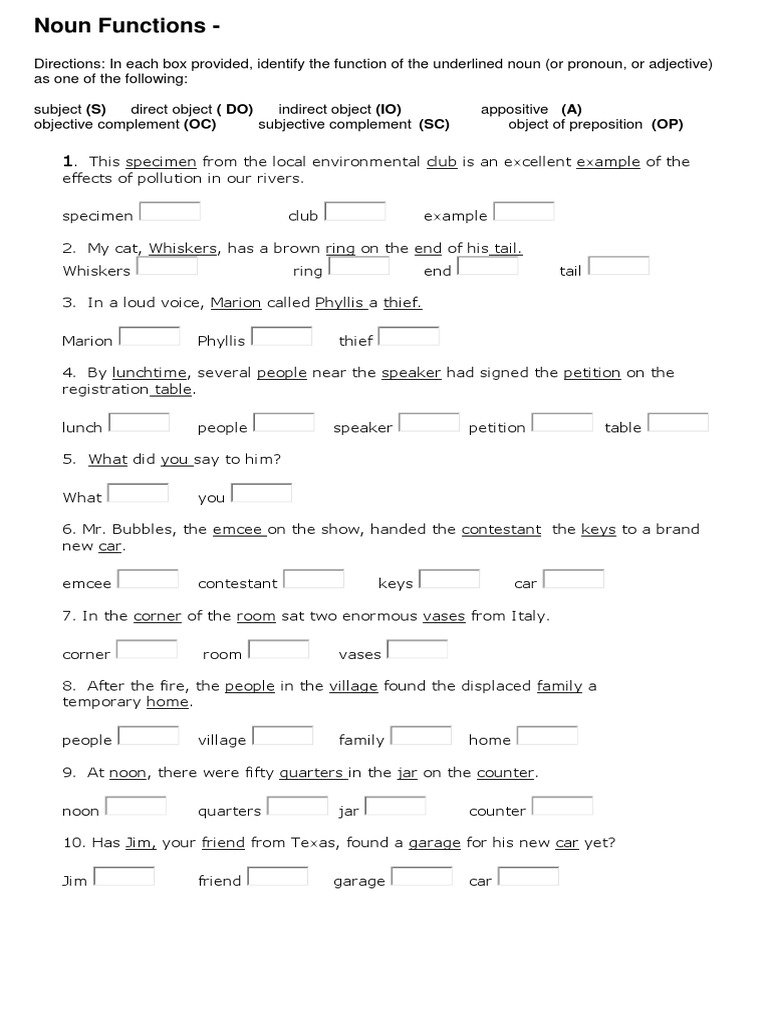 Functions Of Nouns Worksheets For Grade 5