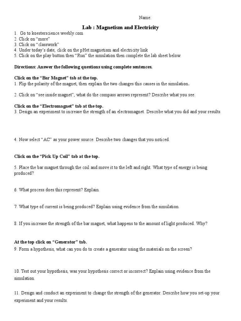 Phet and Electricity Lab PDF