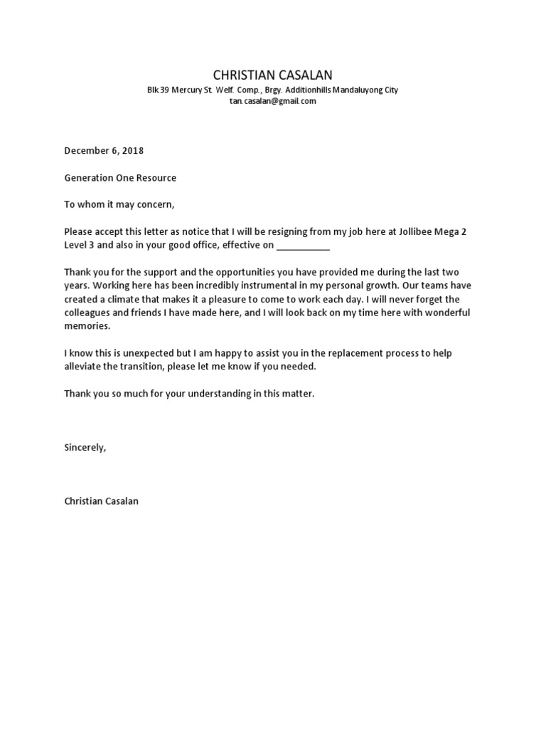 Resignation Letter from Christian Casalan | PDF | Home & Garden