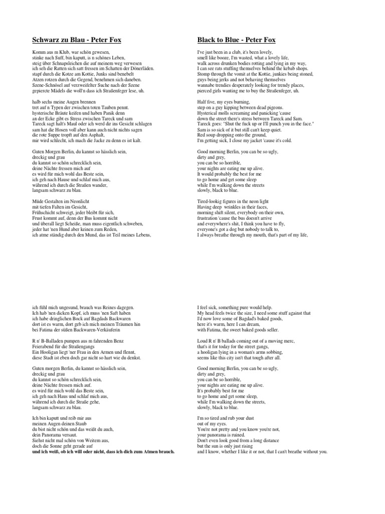 Peter Fox Schwarz Zu Blau Translation Pdf