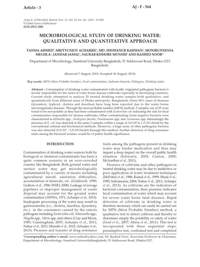 Microbiological Study Of Drinking Water Pdf Pdf Drinking Water