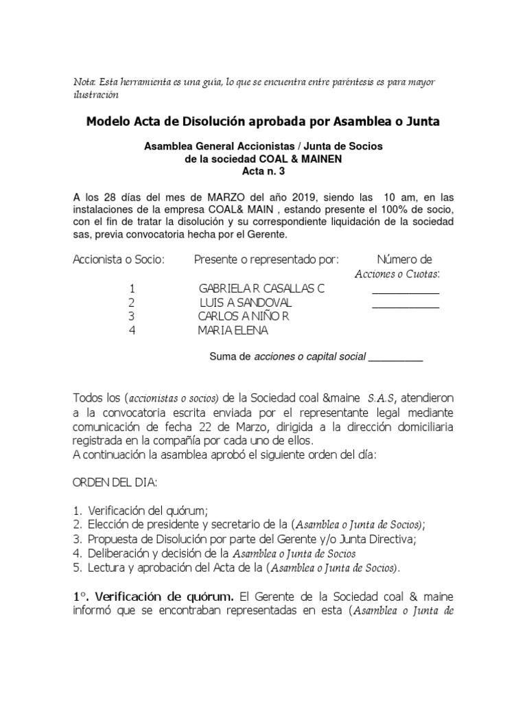 14 Modelo Acta Disolucion | PDF | Sociedad de responsabilidad limitada |  Gobierno