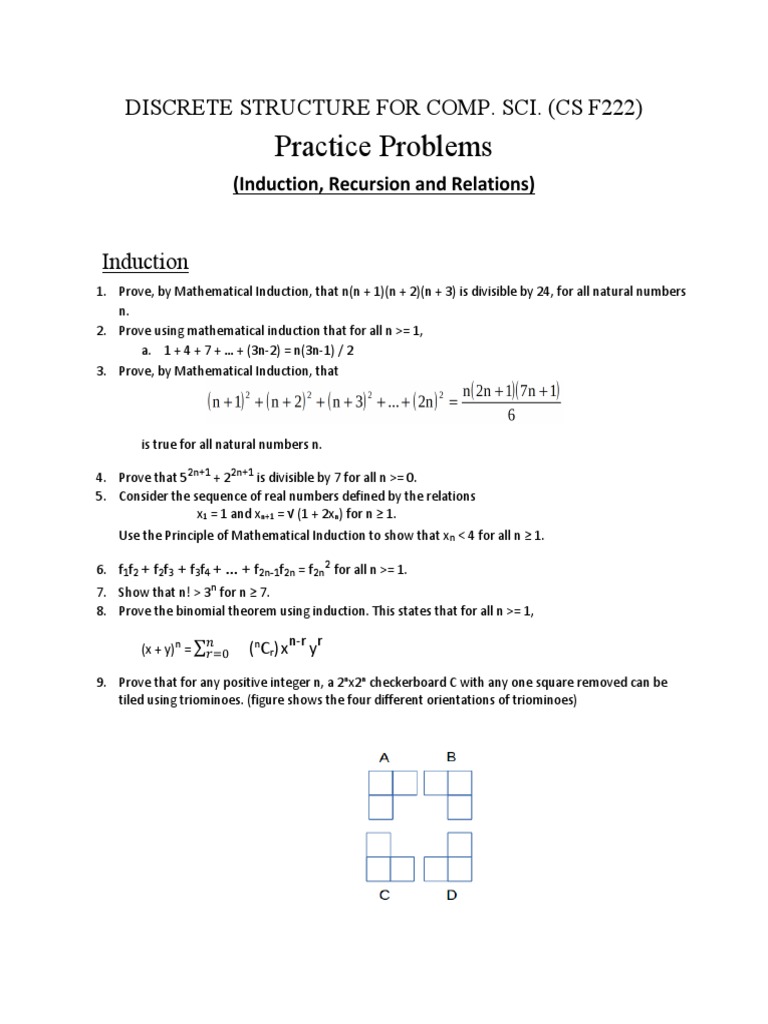 Practice Problems Induction Recursion And Relations 1 Algebra Discrete Mathematics