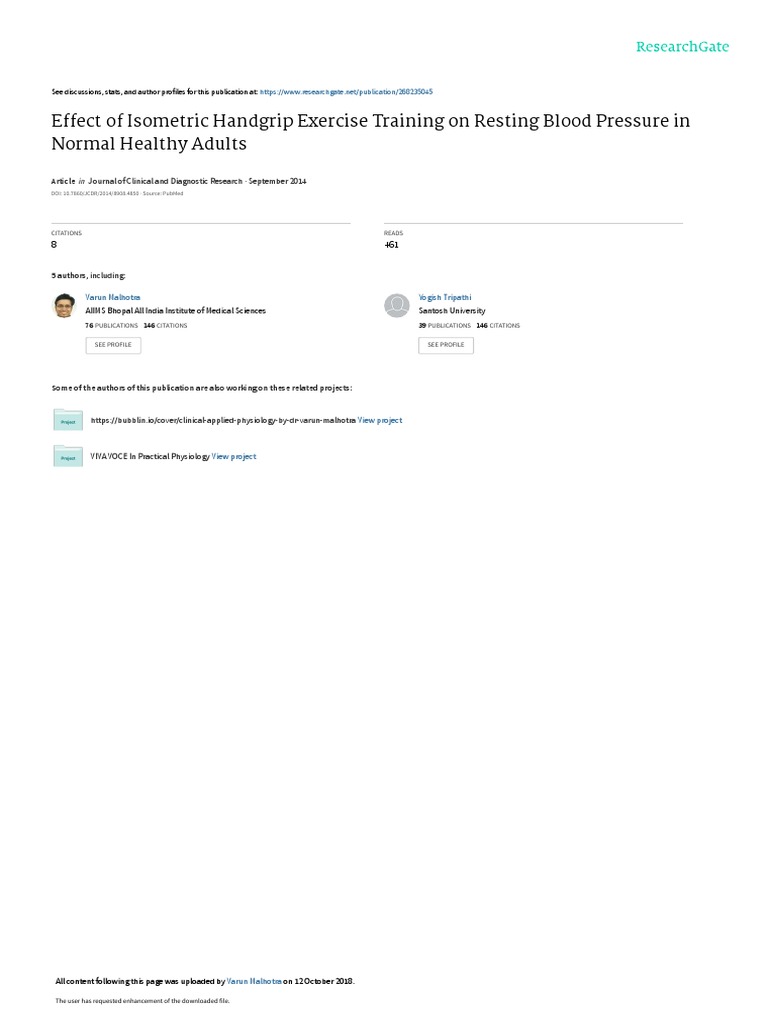 Effect of Isometric Handgrip Exercise Training On Resting Blood