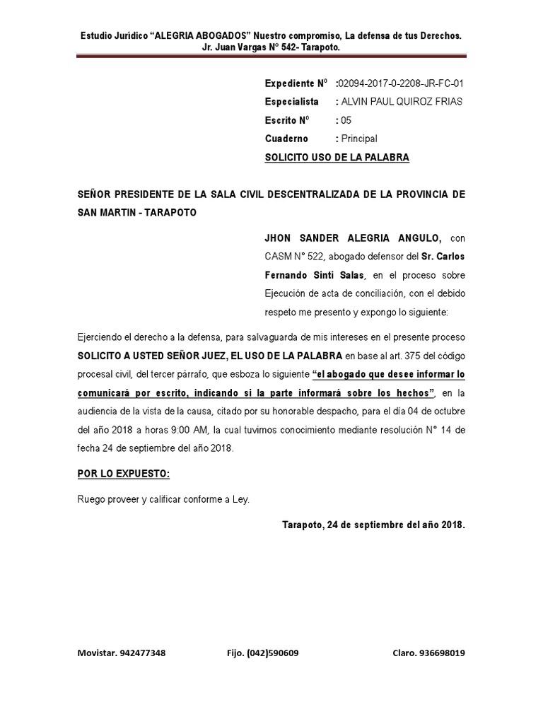 Solicitud de Uso de Palabra en Juicio Civil | PDF