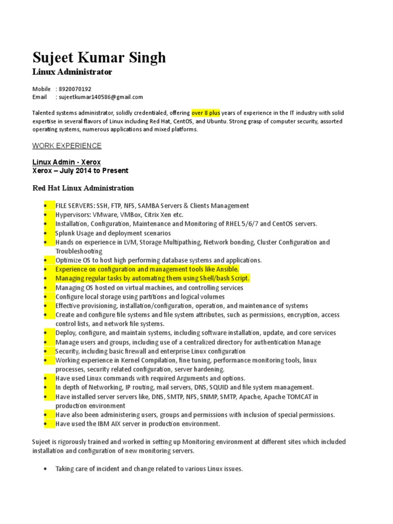 Experienced Linux Administrator Resume | PDF | Linux | File System
