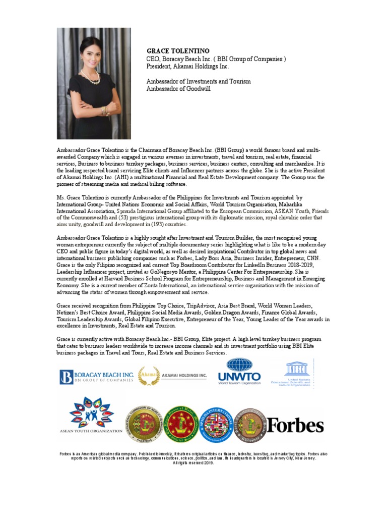 Grace Tolentino Ambassador of Investments and Tourism CEO Boracay