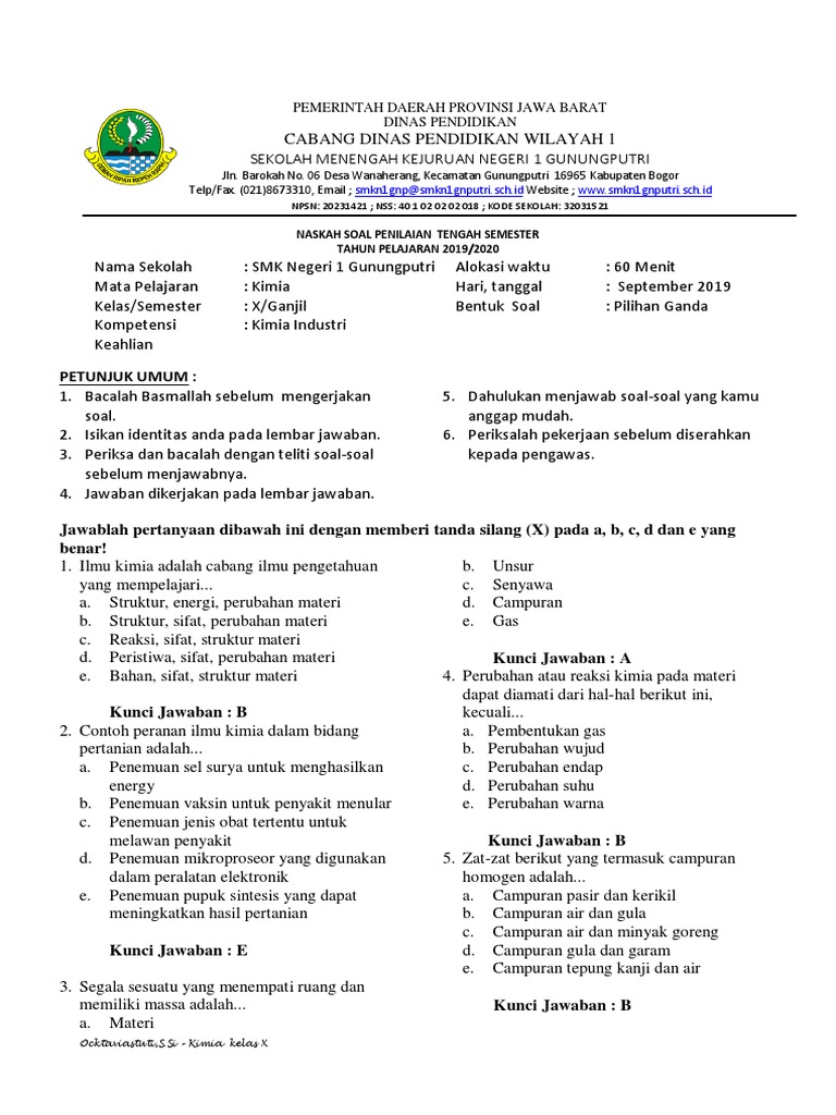 Contoh Soal Kimia Pts Kimia Industri