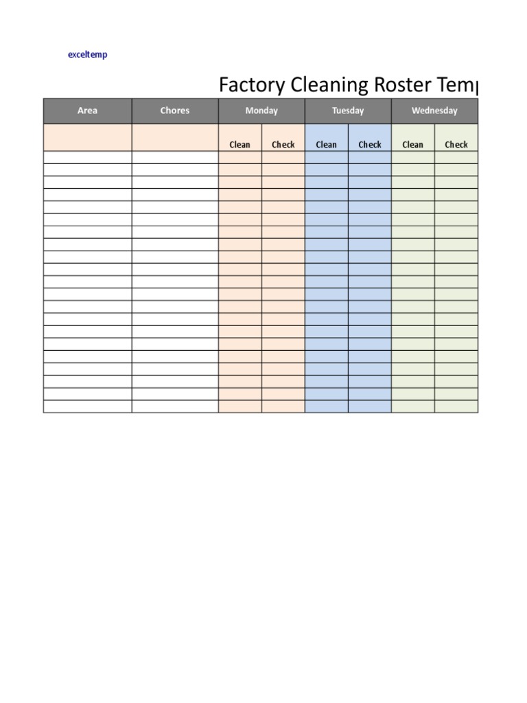 Factory Cleaning Roster Template: Area Chores | PDF