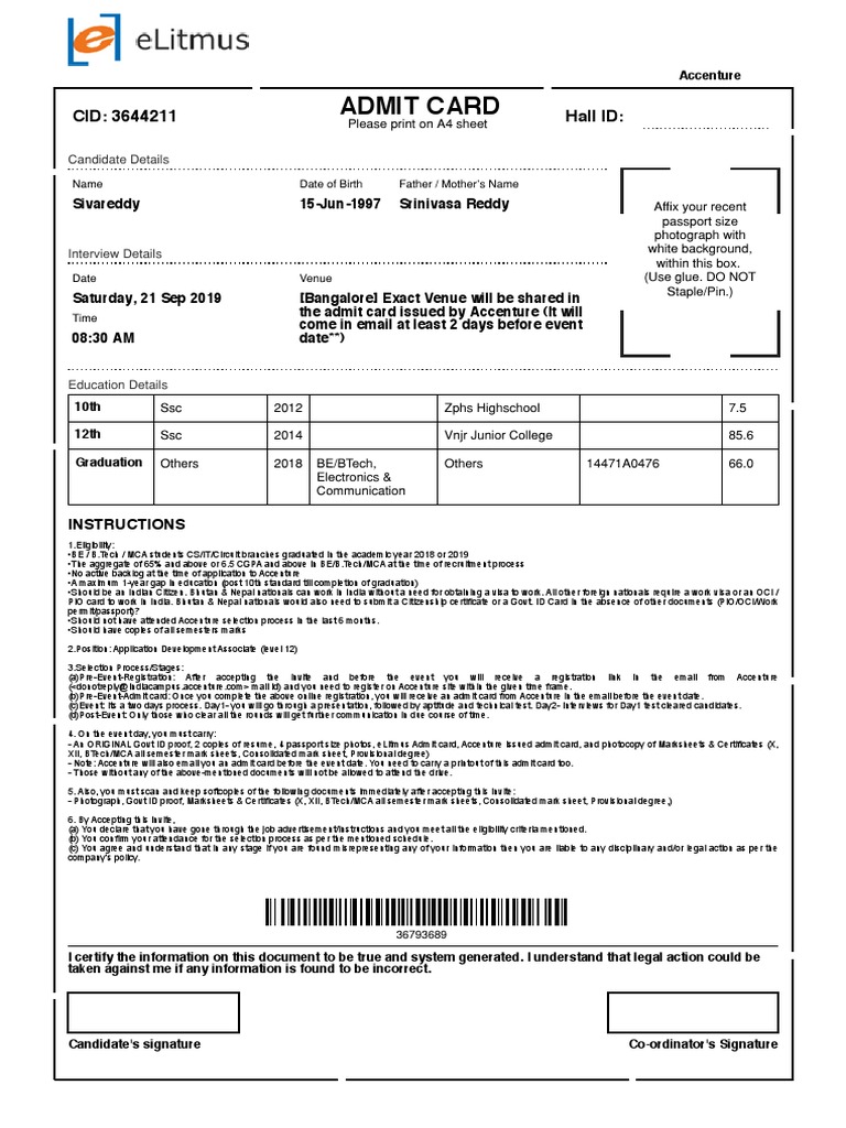 Elitmus Accenture Admit Card 21sep2019 PDF | PDF | Identity Document ...