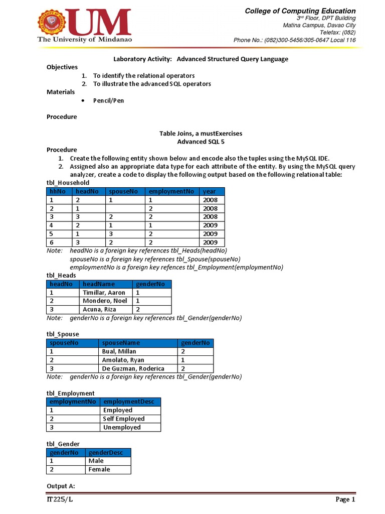 Advanced SQL Laboratory Activity Guide | PDF | Relational Database ...