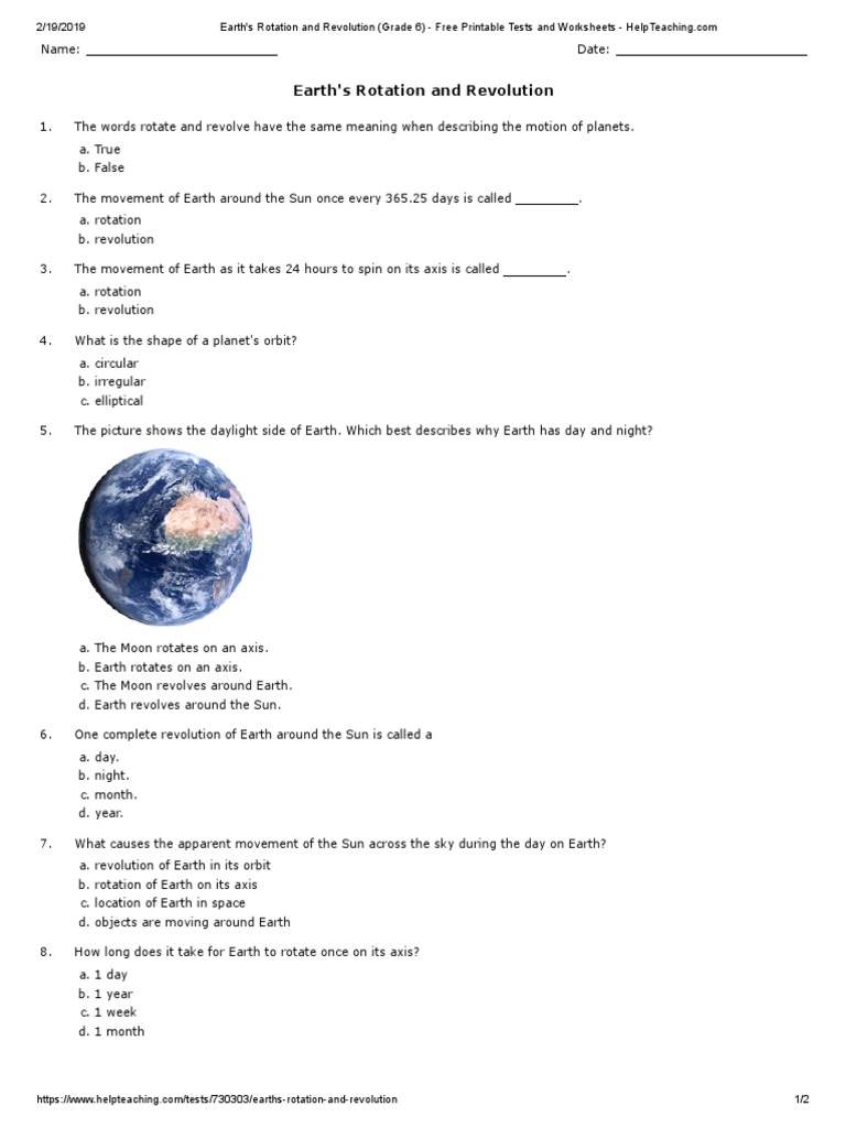Earth s Rotation And Revolution Grade 6 Free Printable Tests And