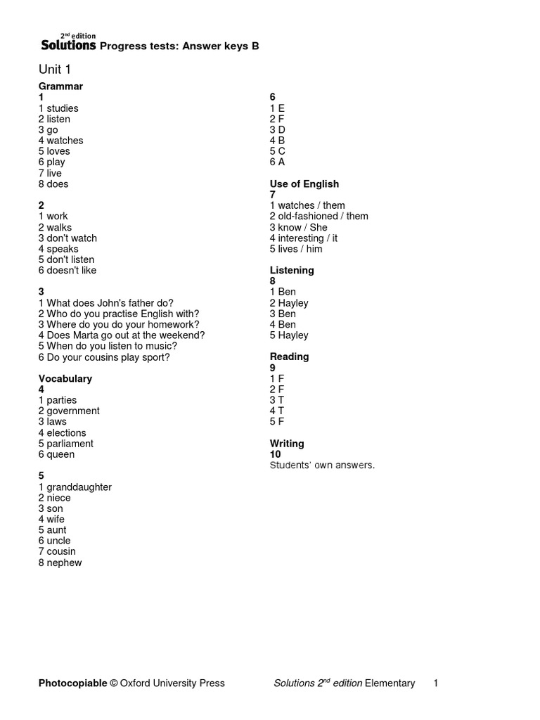 Sol2e ELEM Progress Tests Answer Key B | PDF