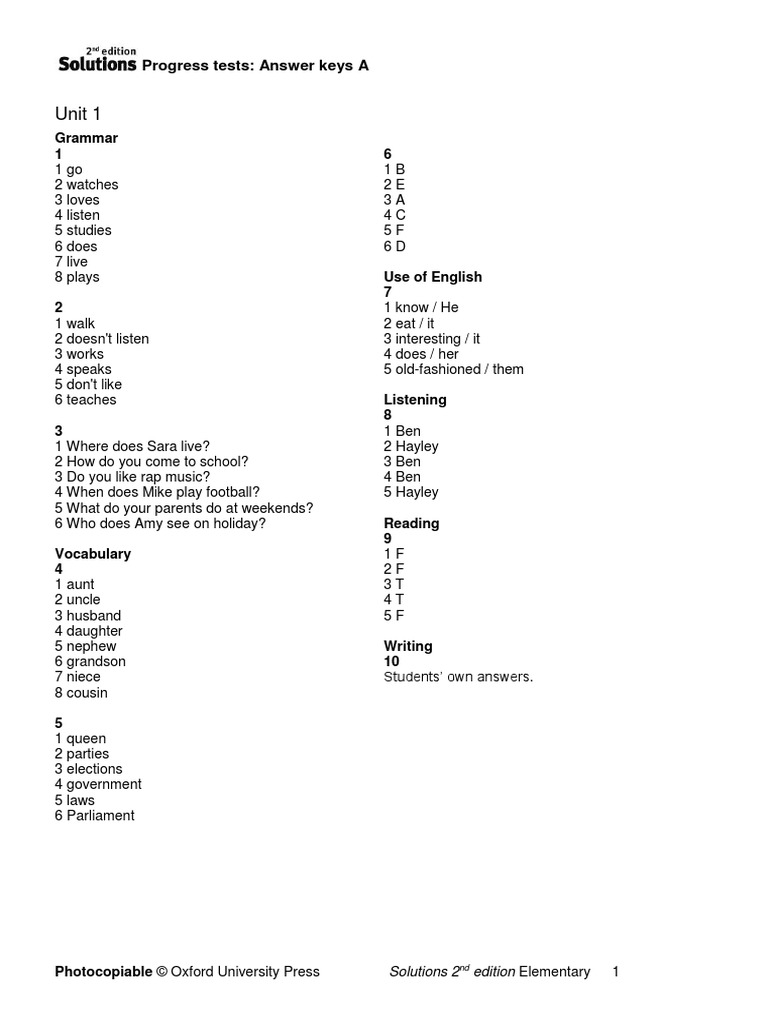 Sol2e ELEM Progress Tests Answer Key A | PDF
