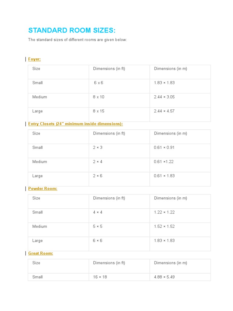 Standard Room Sizes PDF Bedroom Home Economics