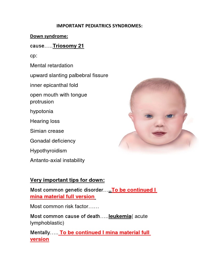 Important Pediatrics Syndromes PDF Down Syndrome Syndrome