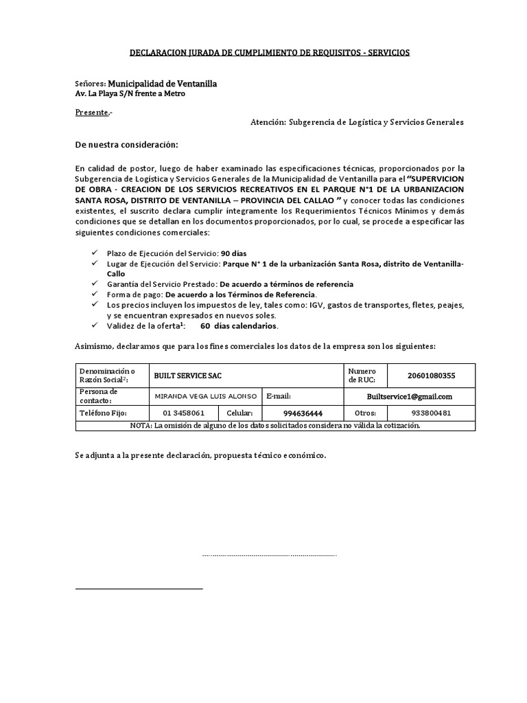 Declaración Jurada de Servicios Prestados | PDF