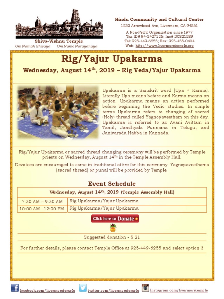 Wednesday, August 14, 2019 Rig Veda/Yajur Upakarma PDF