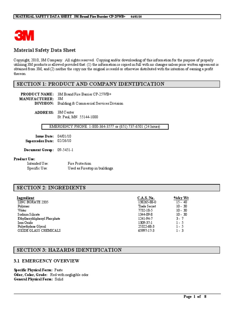 Material Safety Data Sheet 3M Brand Fire Barrier Cp-25Wb+ | Download ...