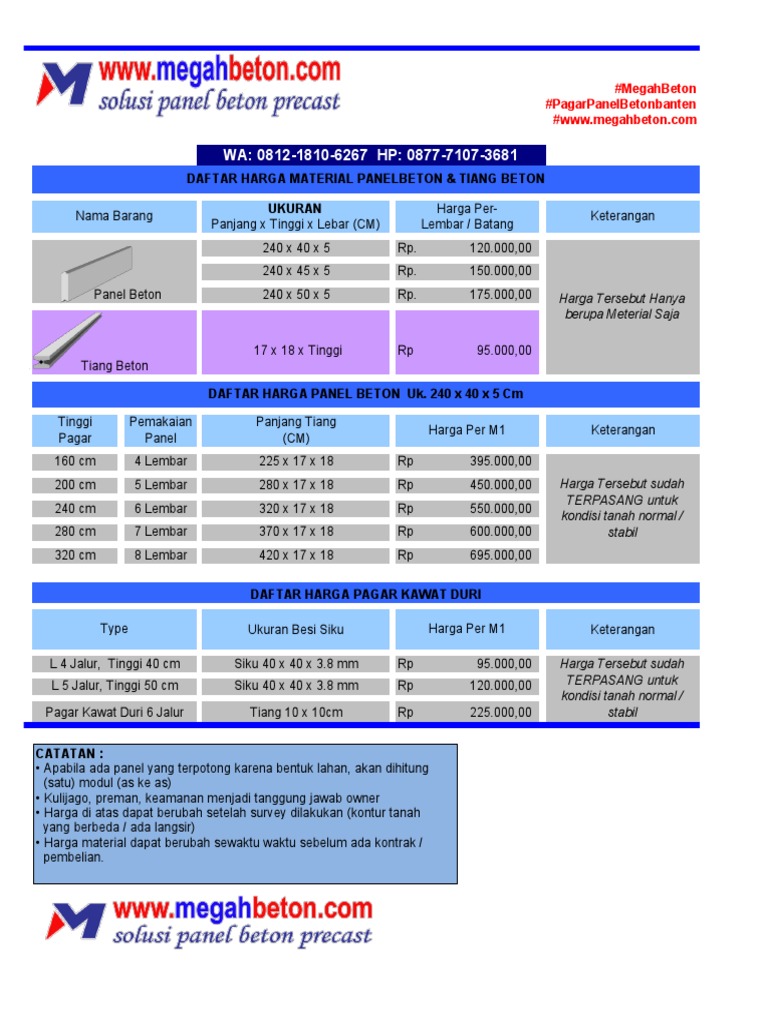 Brosur Daftar Harga Panel Beton Megah Beton | PDF