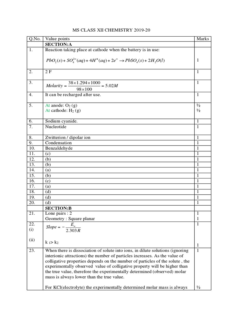 Class XII Chemistry Exam Solutions 2019-20 | PDF | Nickel | Electrolyte
