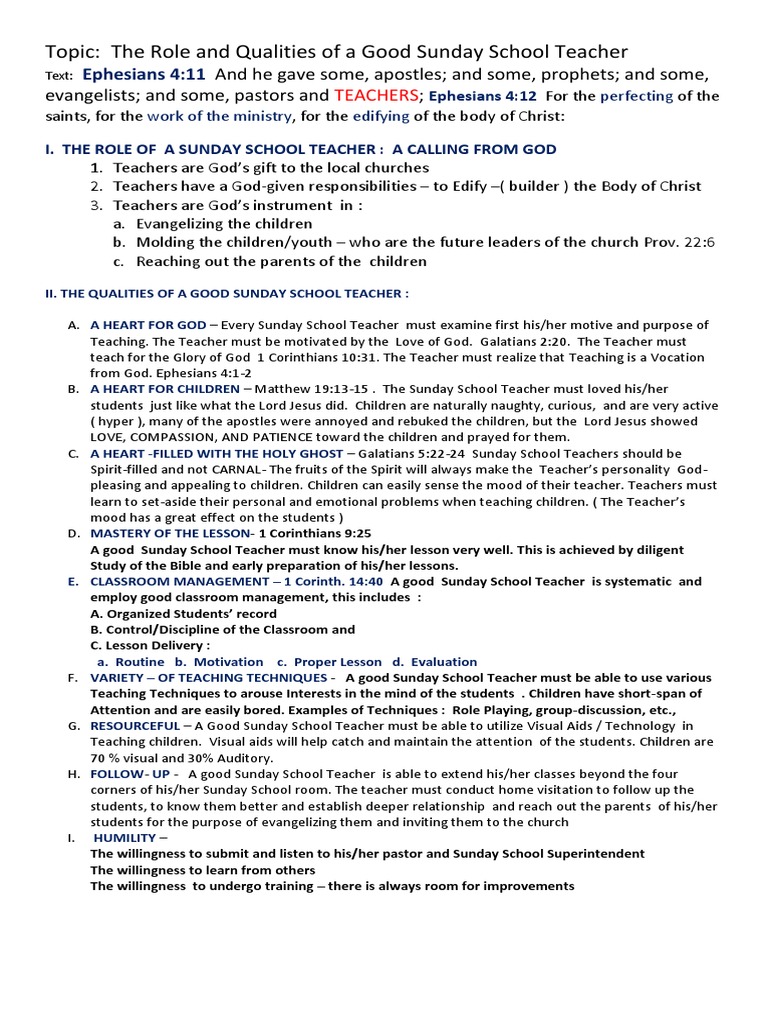 Role And Qualities Of A Good Sunday School Teacher Pdf Teachers