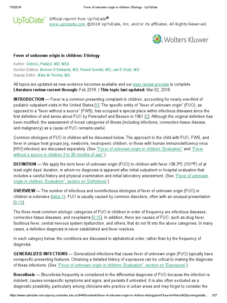 Fever of Unknown Origin in Children Etiology UpToDate PDF