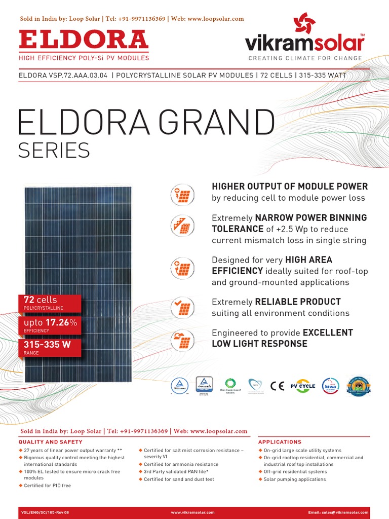 Datasheet Vikram Solar Multi Crystalline 72 Cell India PDF Solar