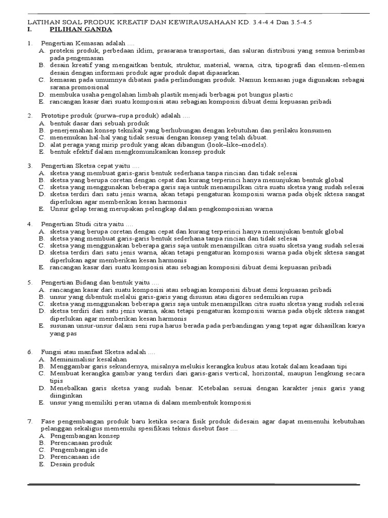 Latihan Soal Produk Kreatif Kwu Xi Tmpo