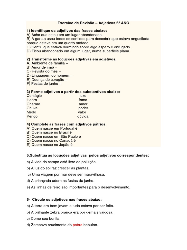 Exercício de Identificação de Adjetivos | PDF | Estudos de Línguas ...