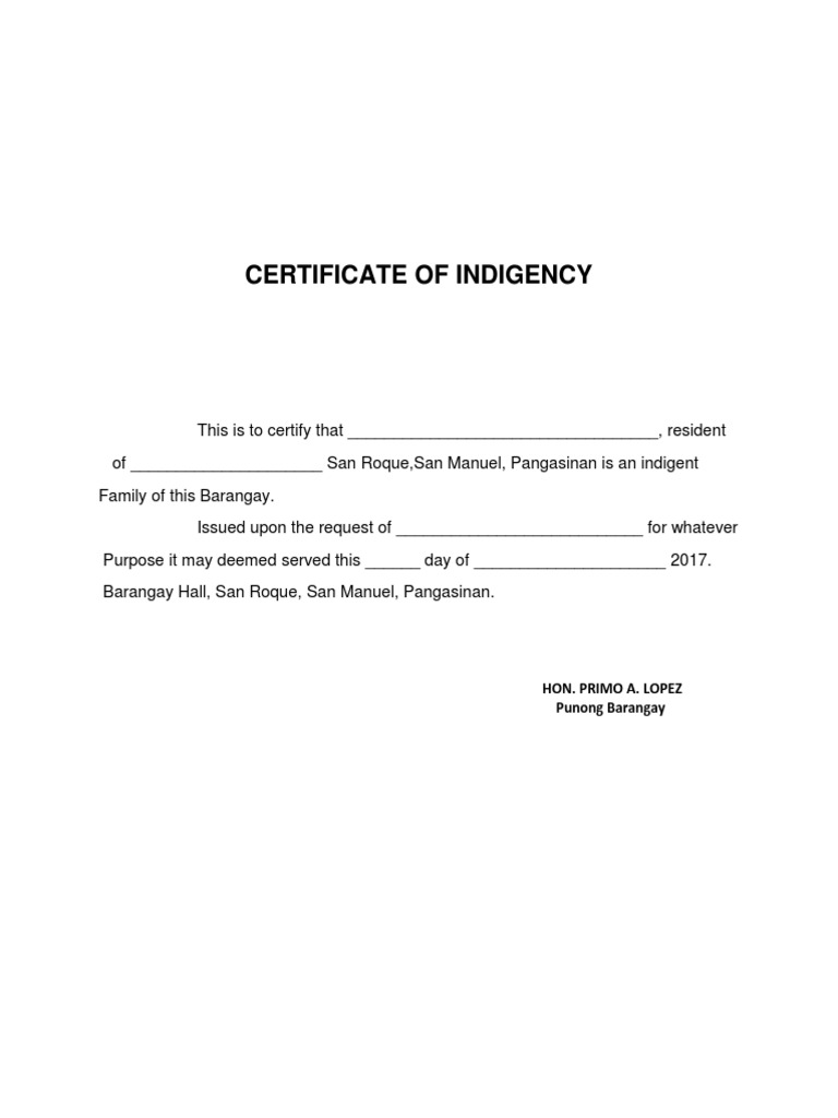Certificate of Indigency Sample | PDF