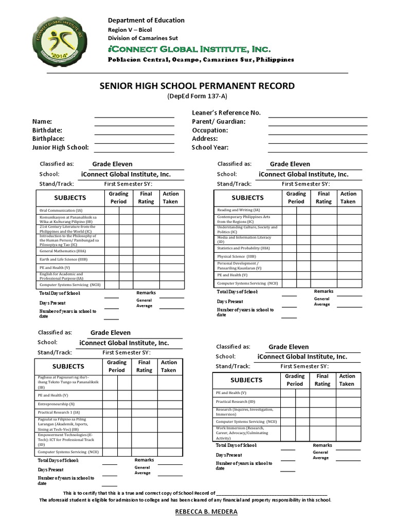 Senior High School Permanent Record PDF Behavior Modification Learning