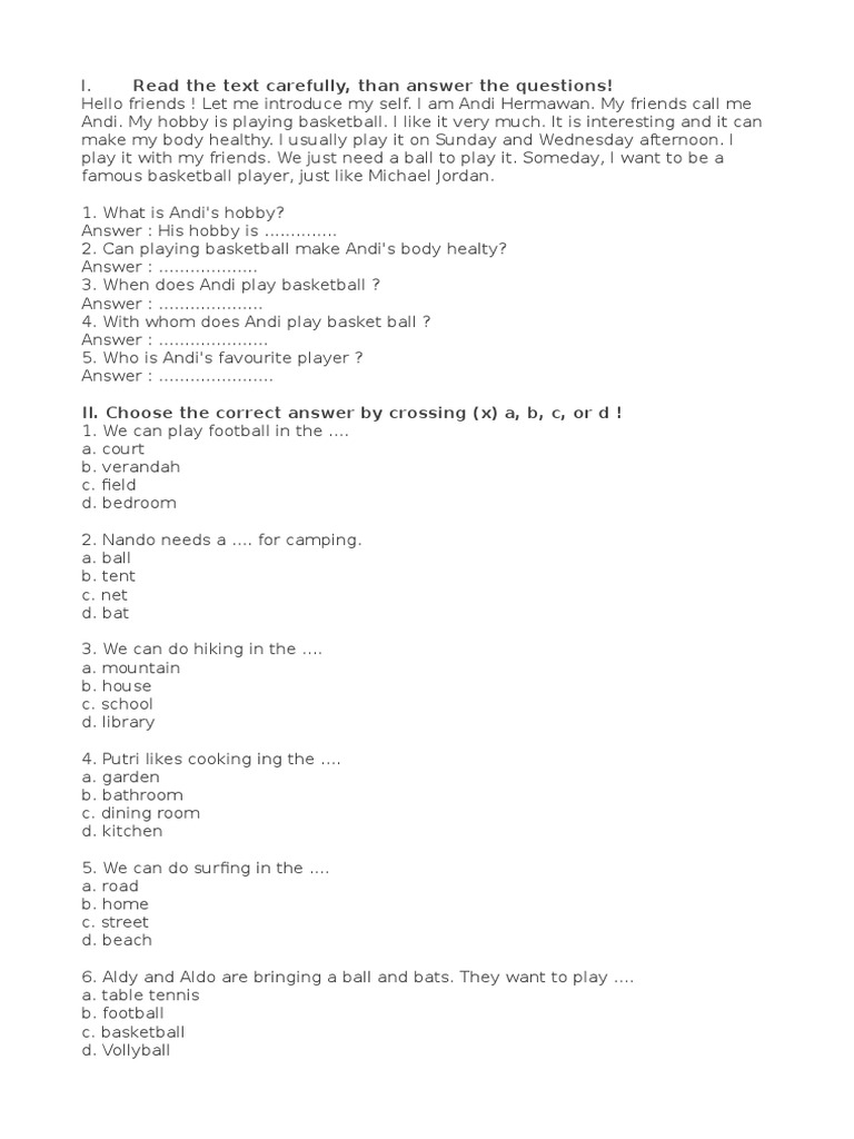 Soal PTS Bahasa Inggris Kelas 5 SD Semester 1 Hobbies